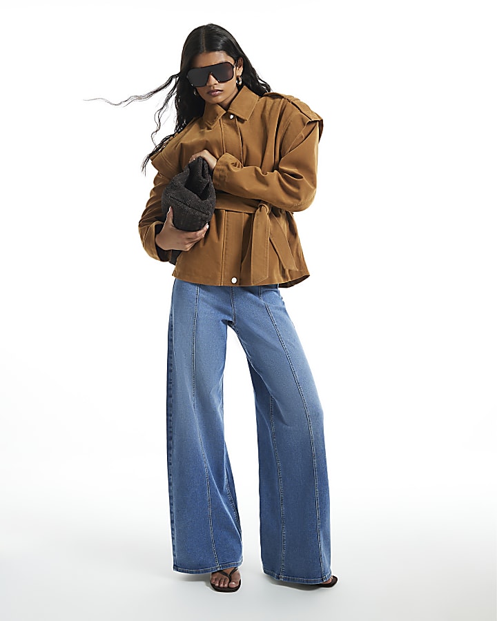 Blue High Waisted Pull On Palazzo Jeans
