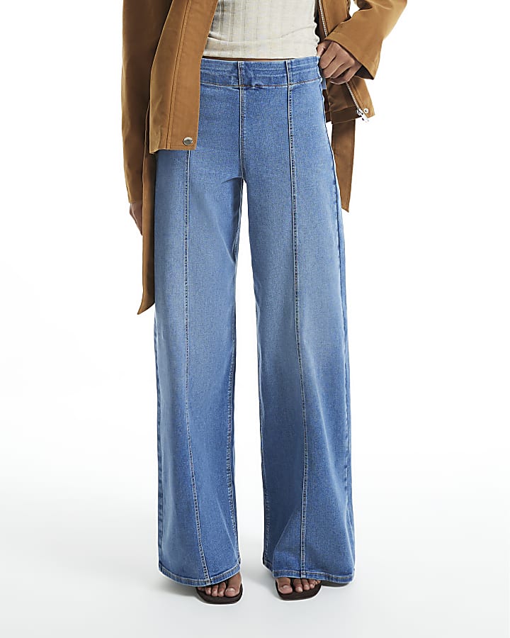 Blue High Waisted Pull On Palazzo Jeans