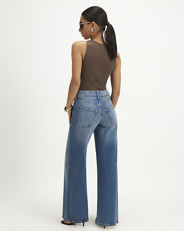 Petite Blue High Waist Washed Wide Leg Jeans