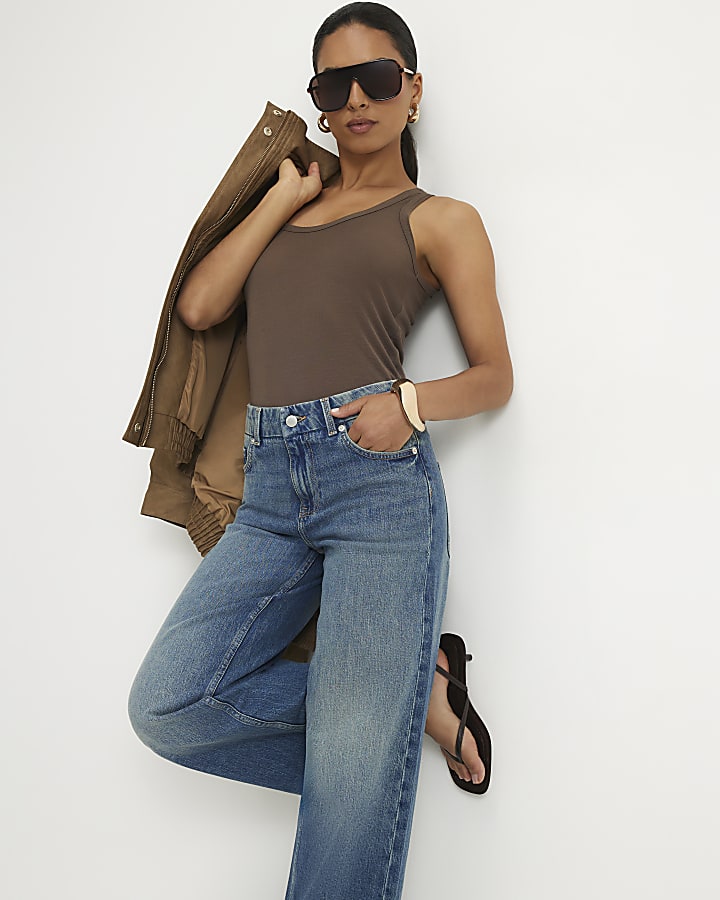 Petite Blue High Waist Washed Wide Leg Jeans