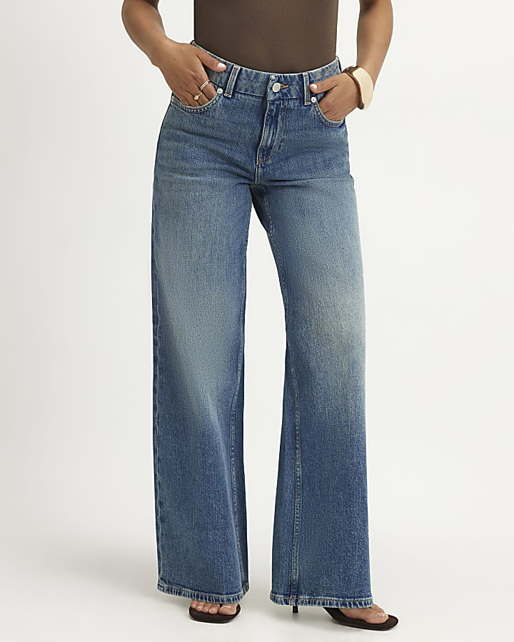 Petite Blue High Waist Washed Wide Leg Jeans
