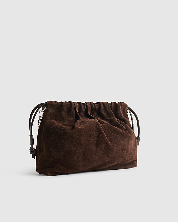 Brown Suede Cinch Clutch Bag