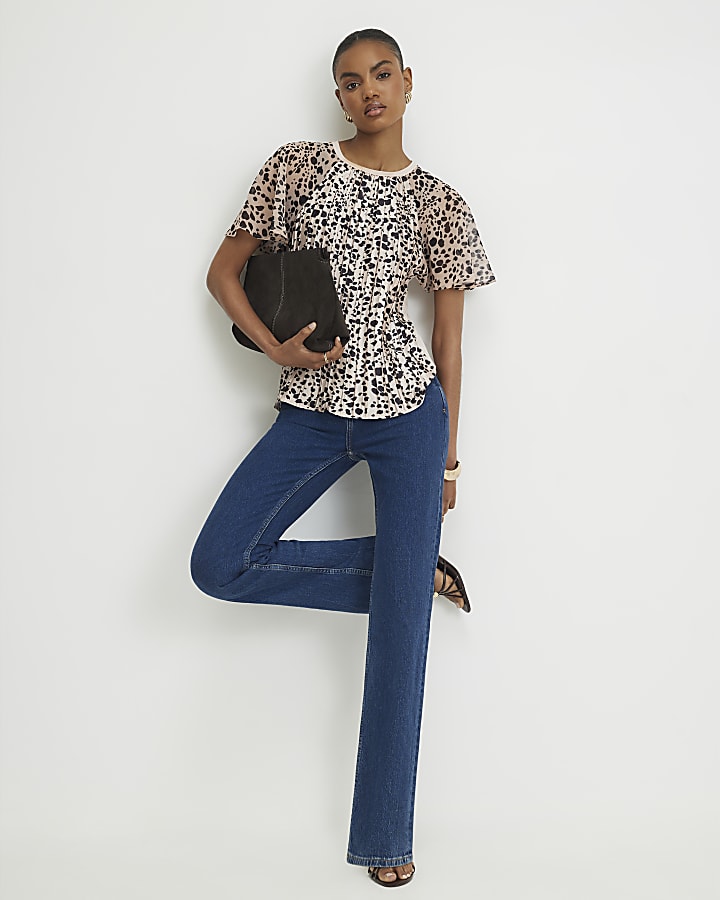 Beige Dalmatian Print Crinkle Top