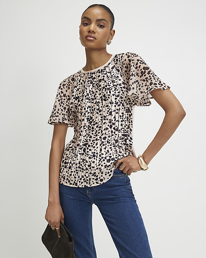Beige Dalmatian Print Crinkle Top