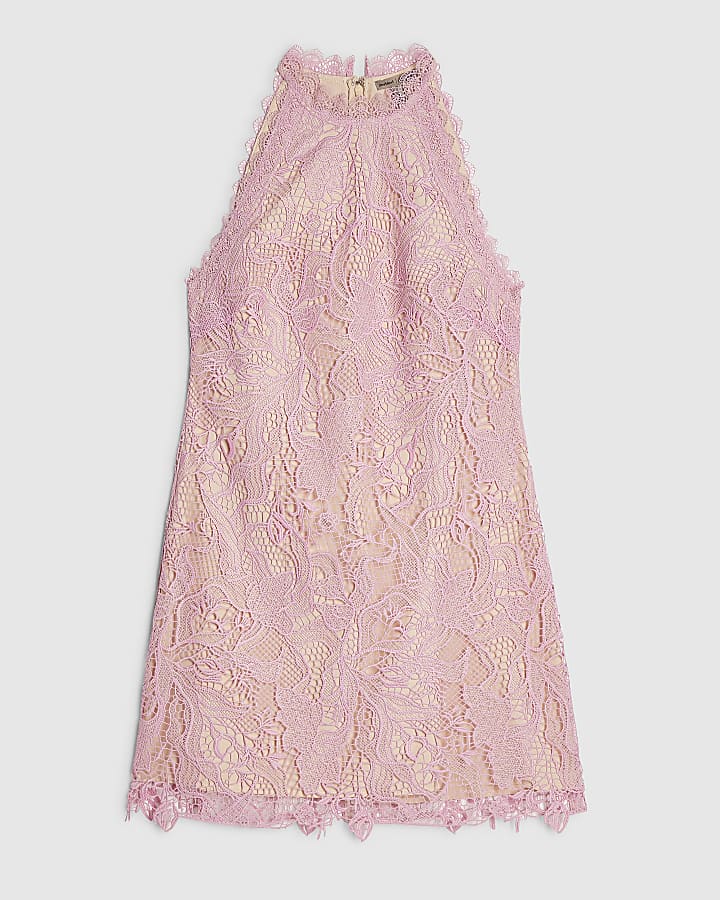 Pink Lace High Neck Mini Dress