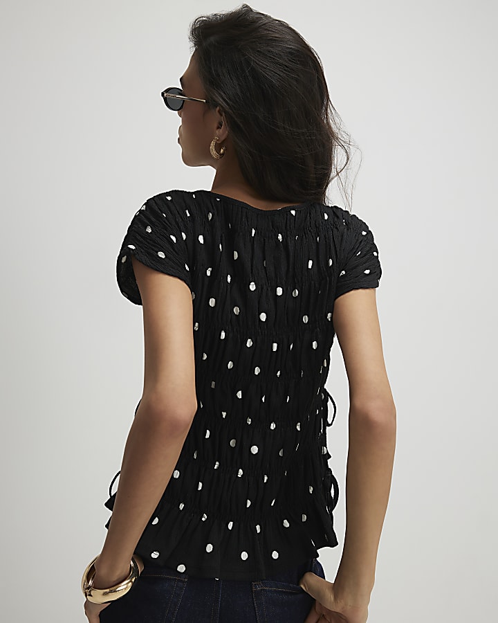 Black Short Sleeve Shirred Polka Dot Top