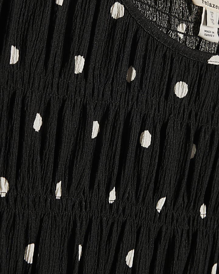 Black Short Sleeve Shirred Polka Dot Top