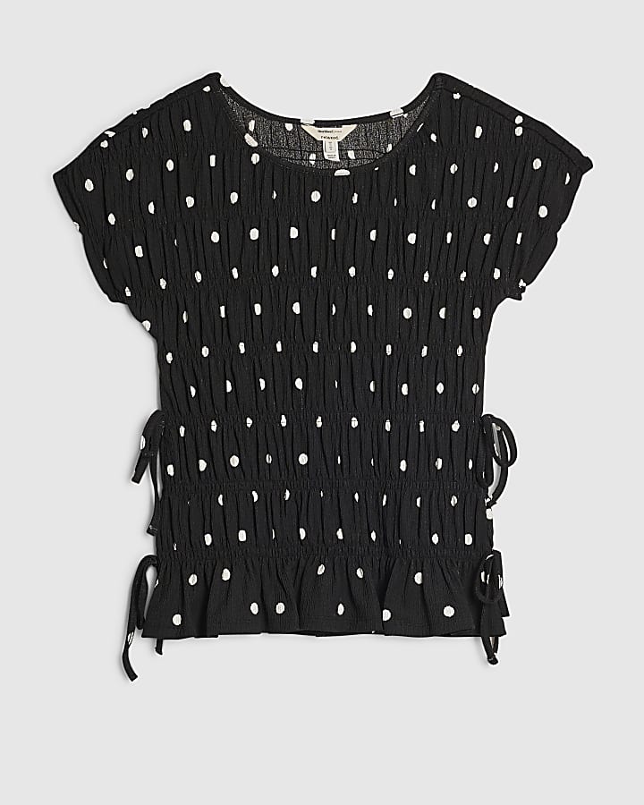 Black Short Sleeve Shirred Polka Dot Top