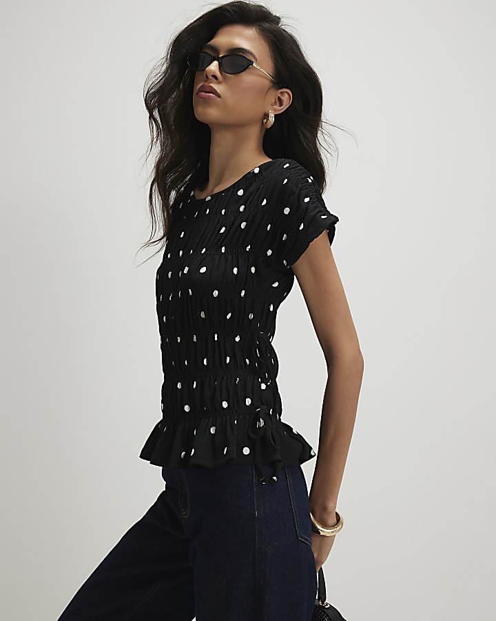 Black Short Sleeve Shirred Polka Dot Top
