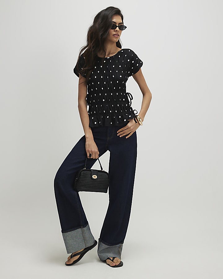 Black Short Sleeve Shirred Polka Dot Top