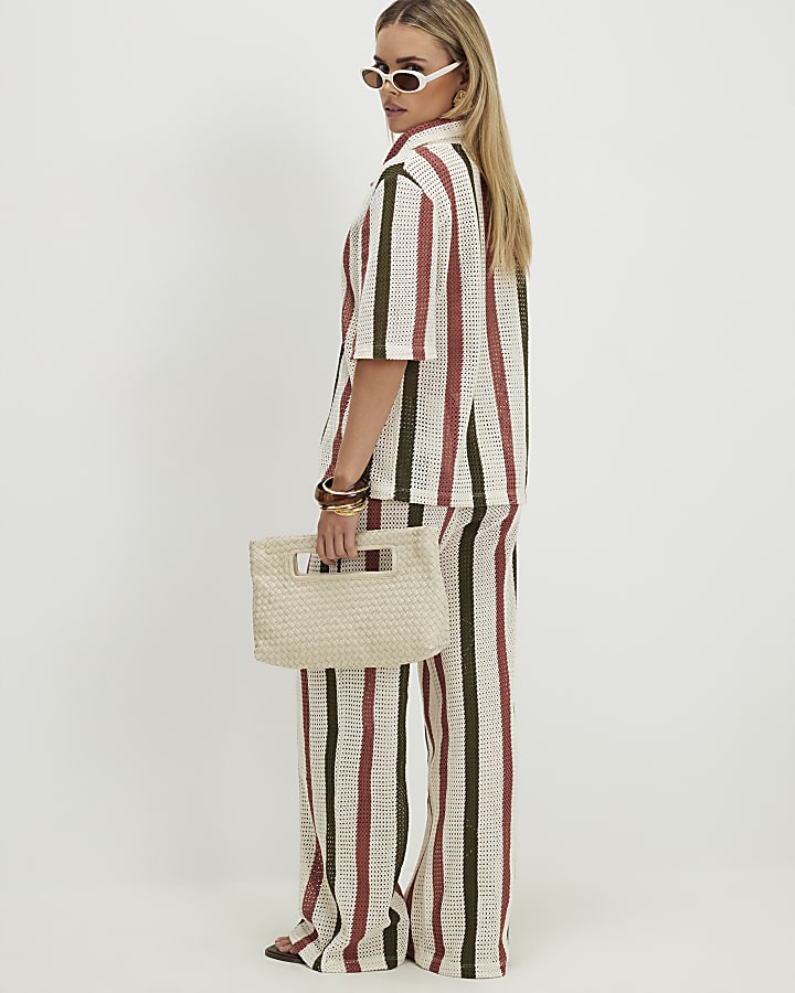 Petite Cream Crochet Stripe Wide Leg Trousers