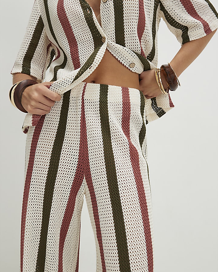Petite Cream Crochet Stripe Wide Leg Trousers