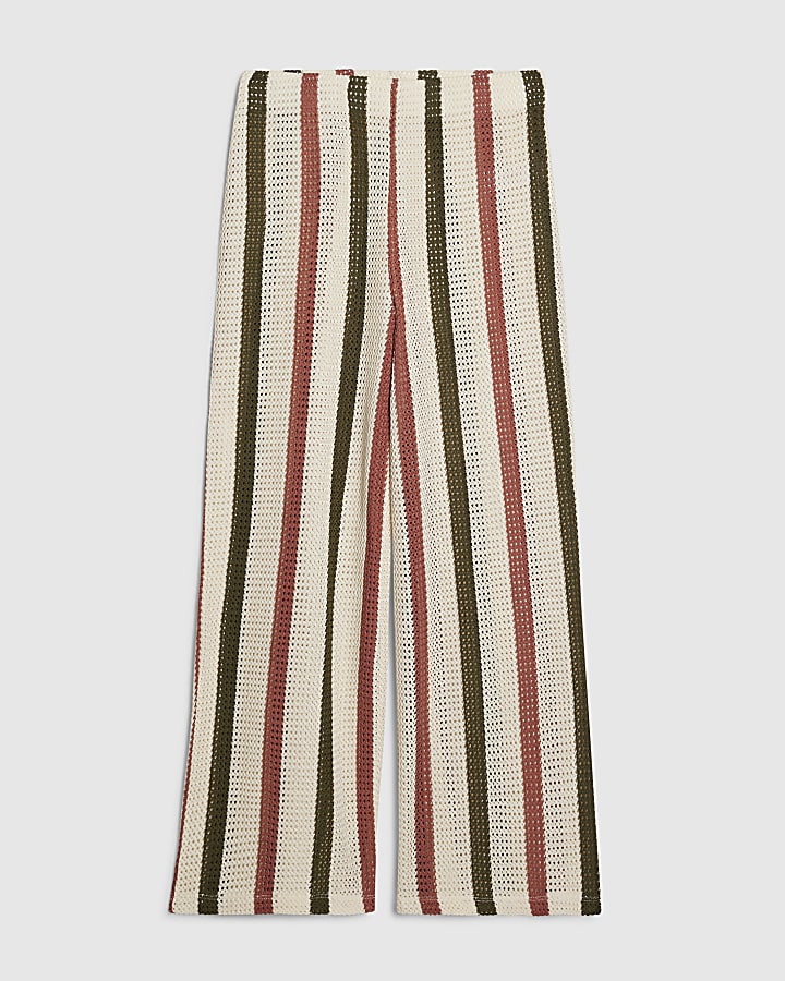Petite Cream Crochet Stripe Wide Leg Trousers