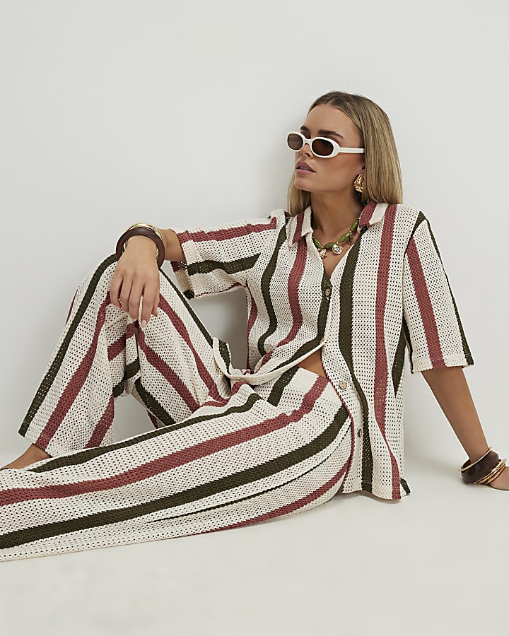 Petite Cream Crochet Stripe Wide Leg Trousers