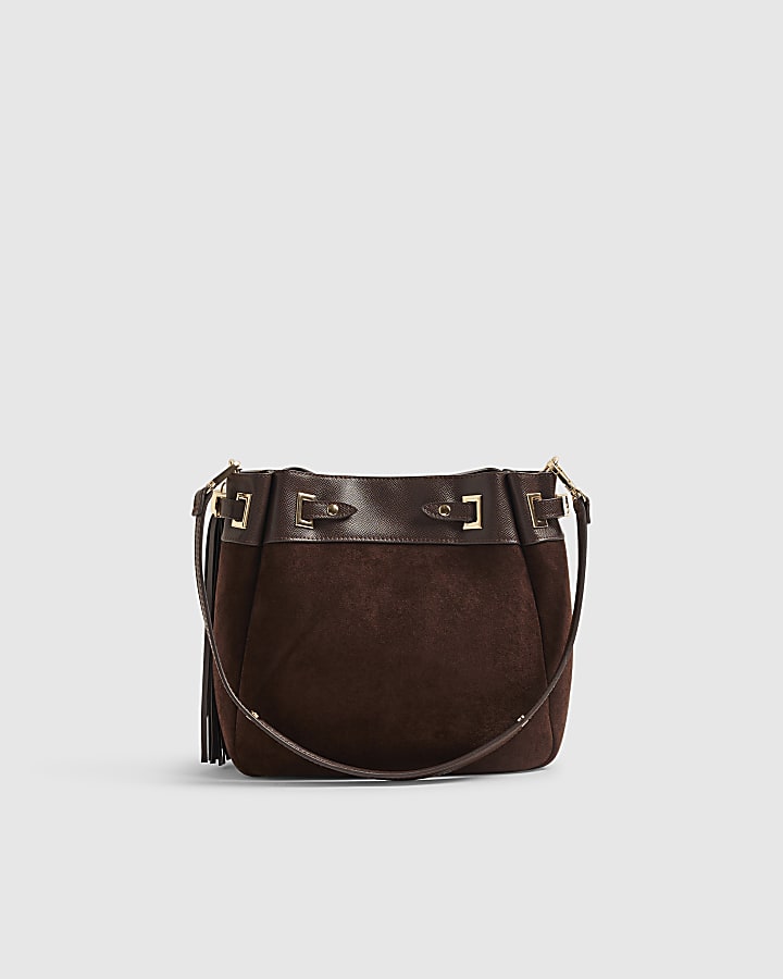 Brown  Faux Suede RR Tassel Bucket Bag