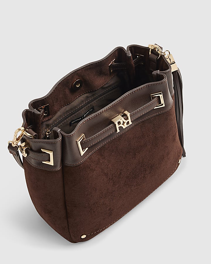 Brown  Faux Suede RR Tassel Bucket Bag