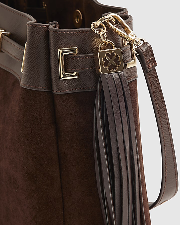 Brown  Faux Suede RR Tassel Bucket Bag