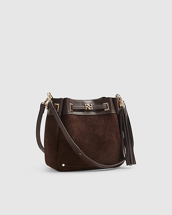 Brown  Faux Suede RR Tassel Bucket Bag