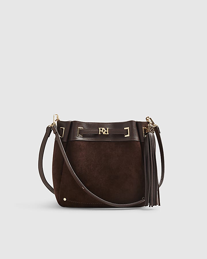 Brown  Faux Suede RR Tassel Bucket Bag
