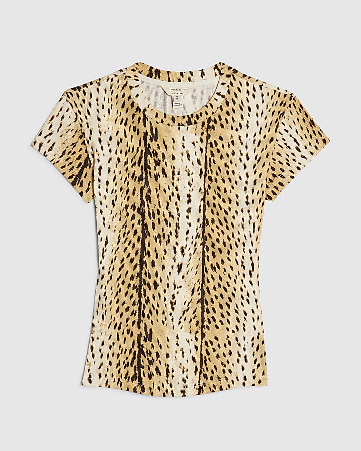 Cream Cotton Blend Animal Print T-Shirt