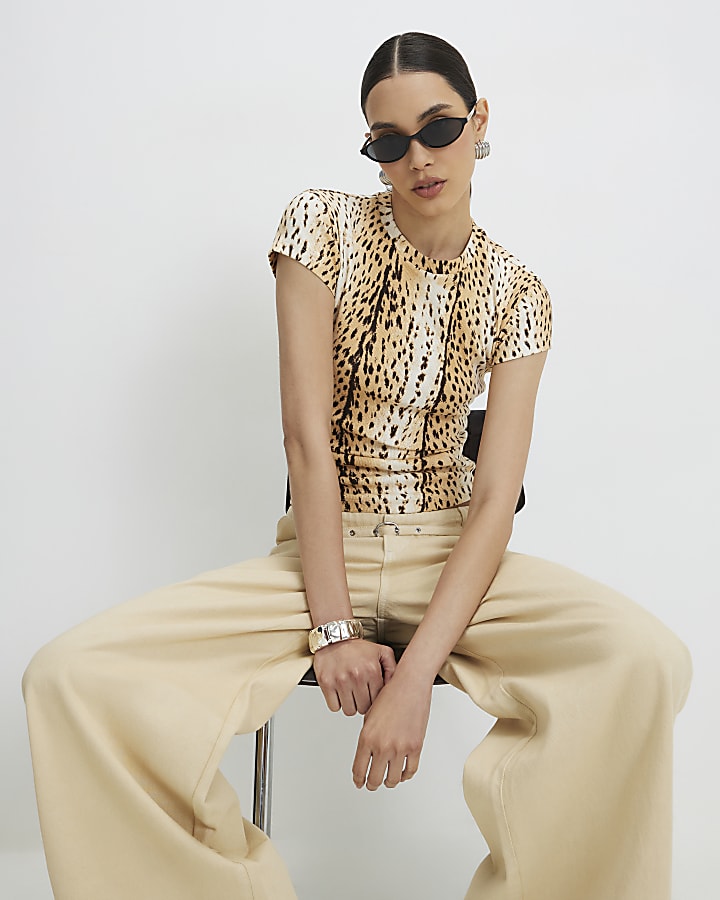 Cream Cotton Blend Animal Print T-Shirt