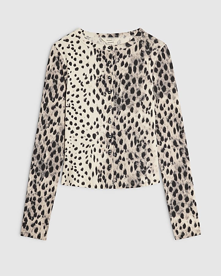 Cream Cotton Blend Leopard Ribbed Cardigan