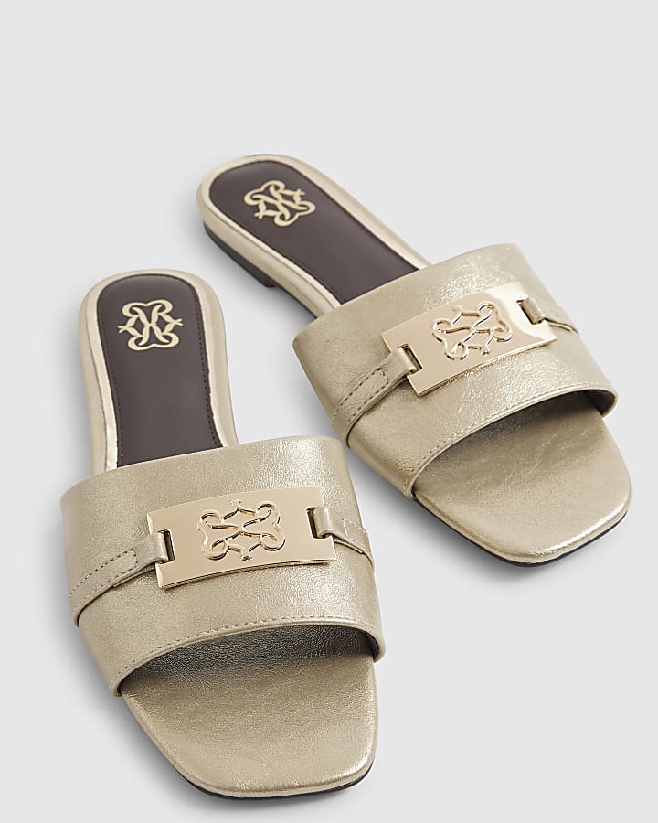 Gold Signature Trim Flat Mule Sandals