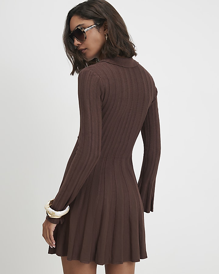 Brown Cotton Knit Flippy Ribbed Dress