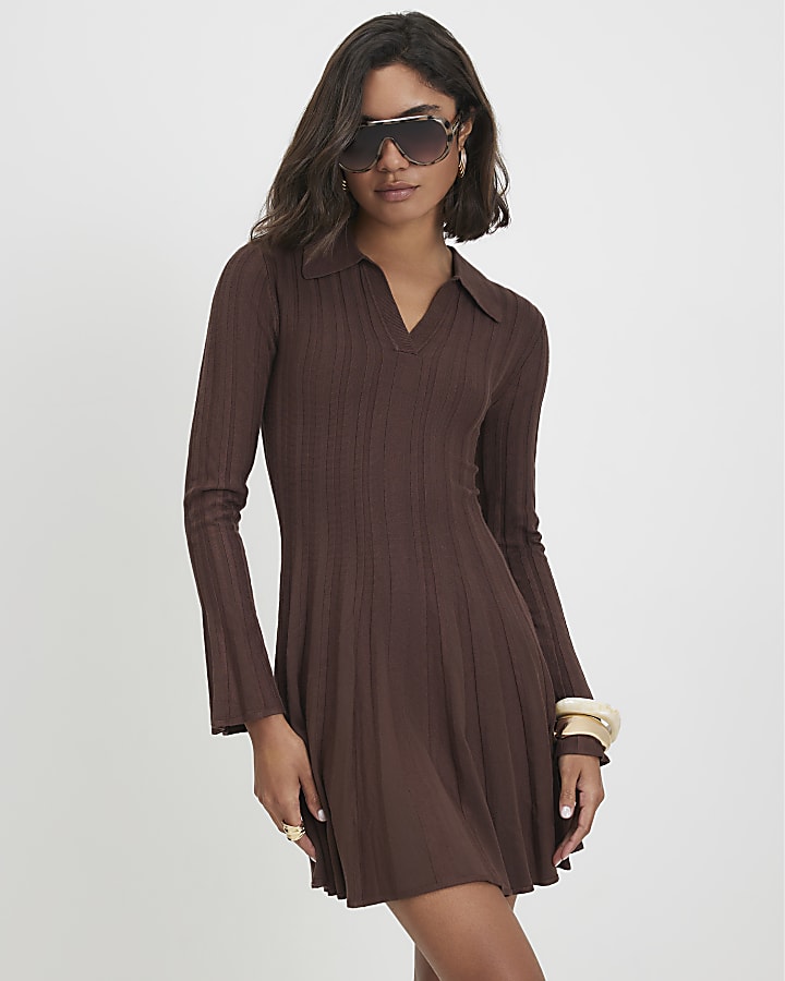 Brown Cotton Knit Flippy Ribbed Dress