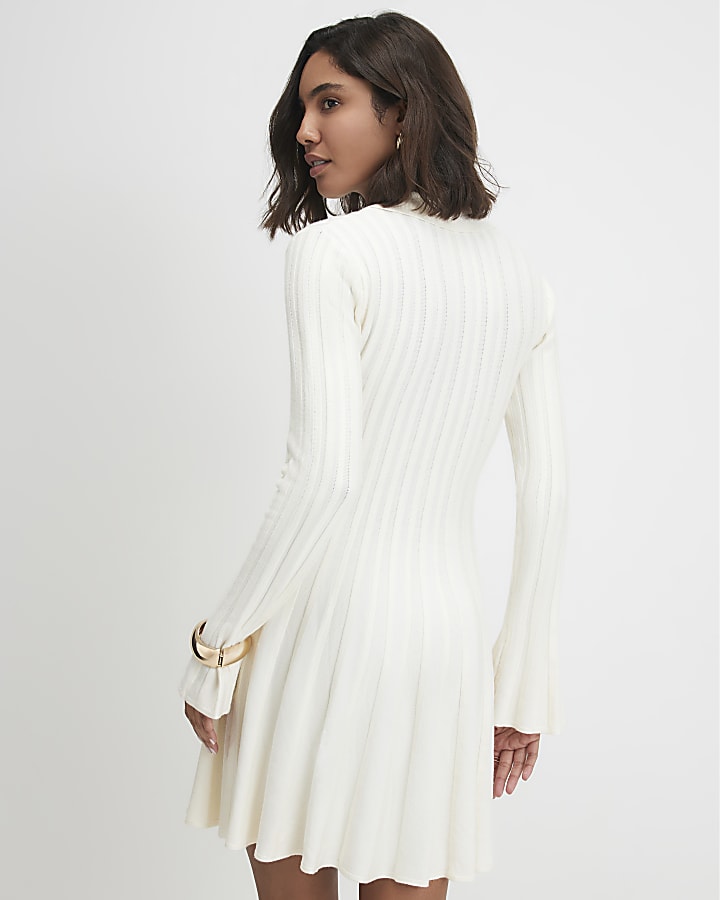 Cream Cotton Knit Flippy Ribbed Dress