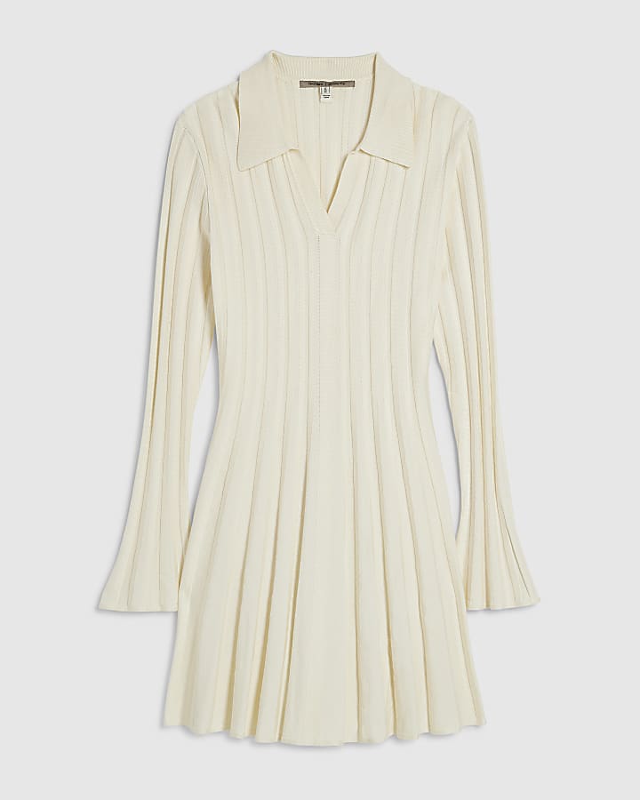 Cream Cotton Knit Flippy Ribbed Dress