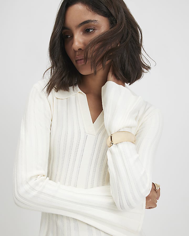 Cream Cotton Knit Flippy Ribbed Dress
