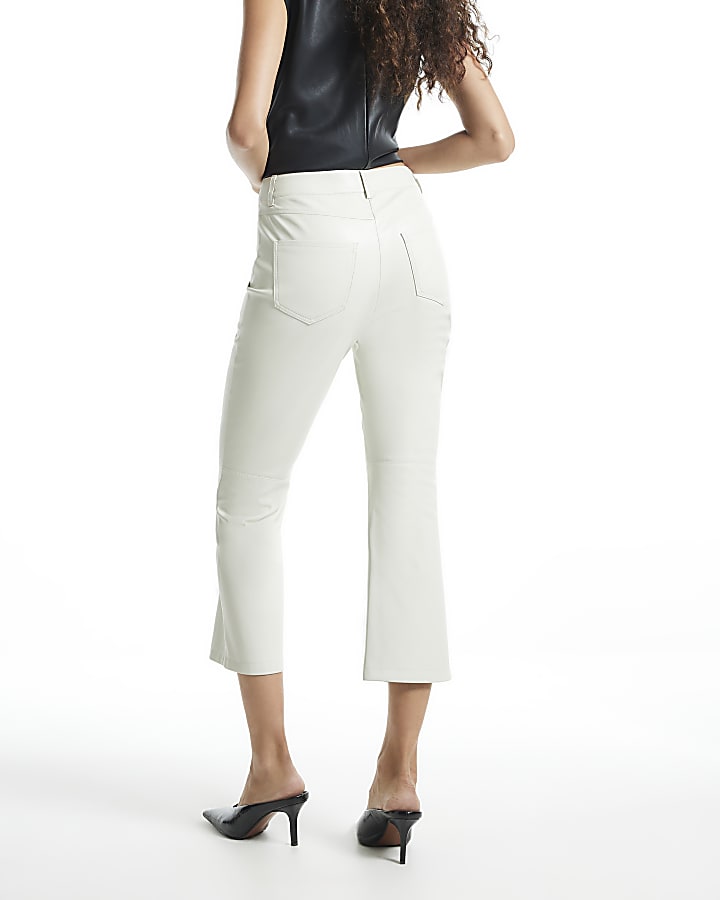 Cream Faux Leather Cropped Kick Flare Jeans