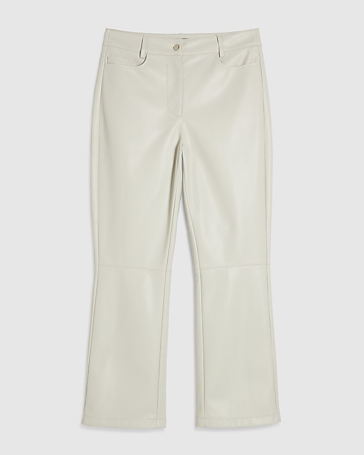 Cream Faux Leather Crop Kick Flare Trousers