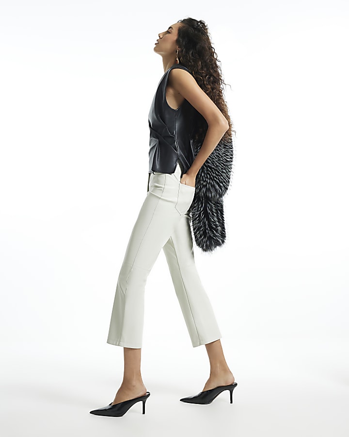 Cream Faux Leather Cropped Kick Flare Jeans