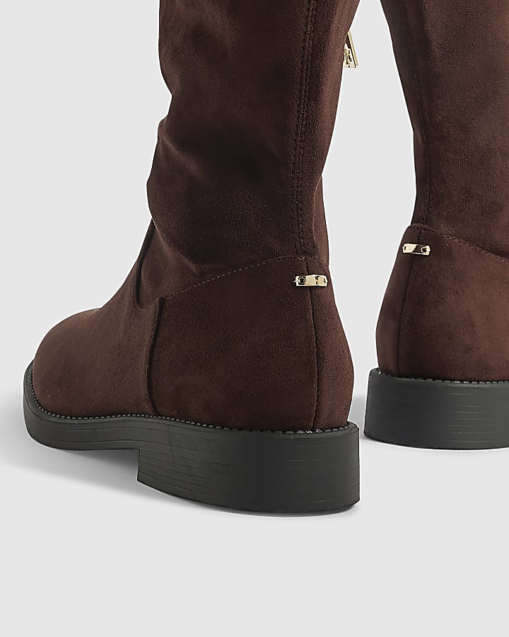 Brown Faux Suede Knee High Boots