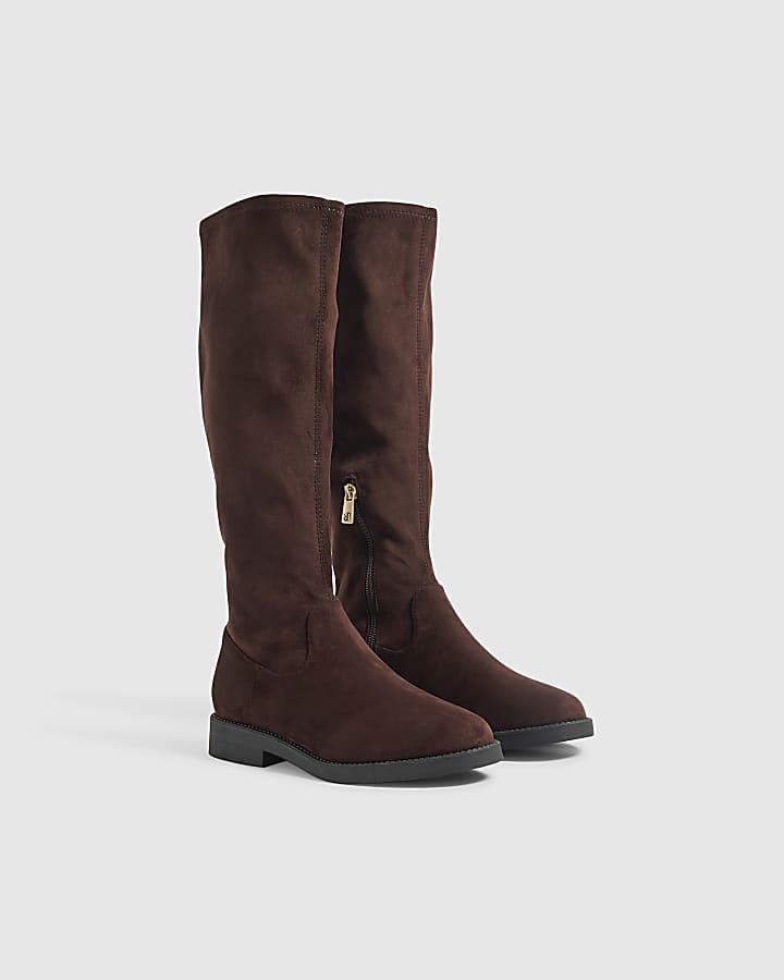 Brown Faux Suede Knee High Boots