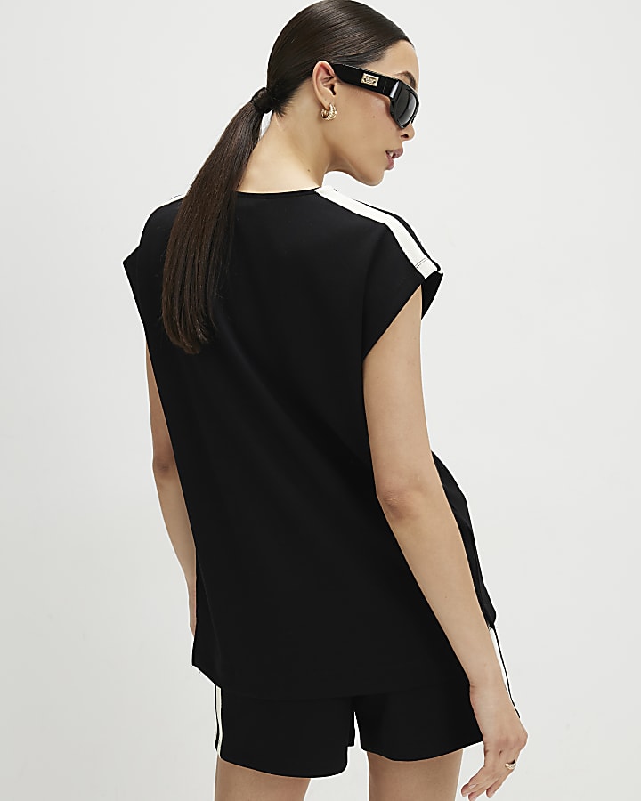 Black Premium Shoulder Stripe V Neck T-Shirt