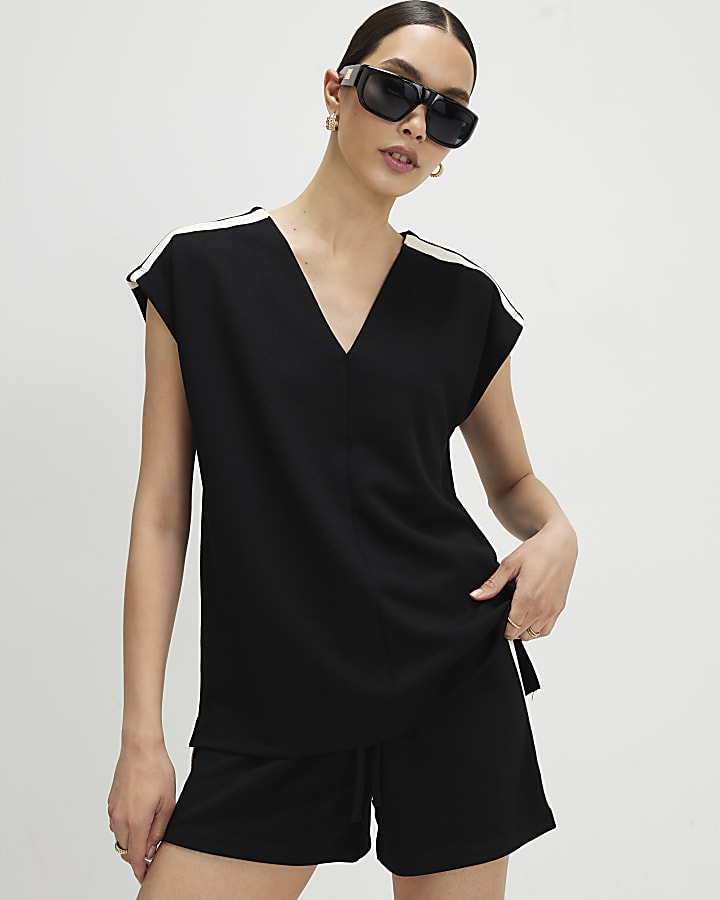 Black Premium Shoulder Stripe V Neck T-Shirt