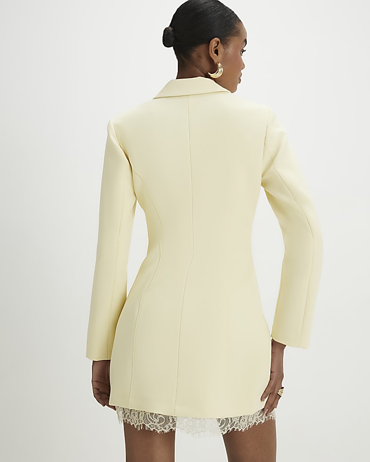 Yellow Long Sleeve Lace Trim Blazer Dress