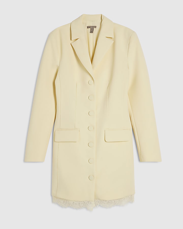 Yellow Long Sleeve Lace Trim Blazer Dress