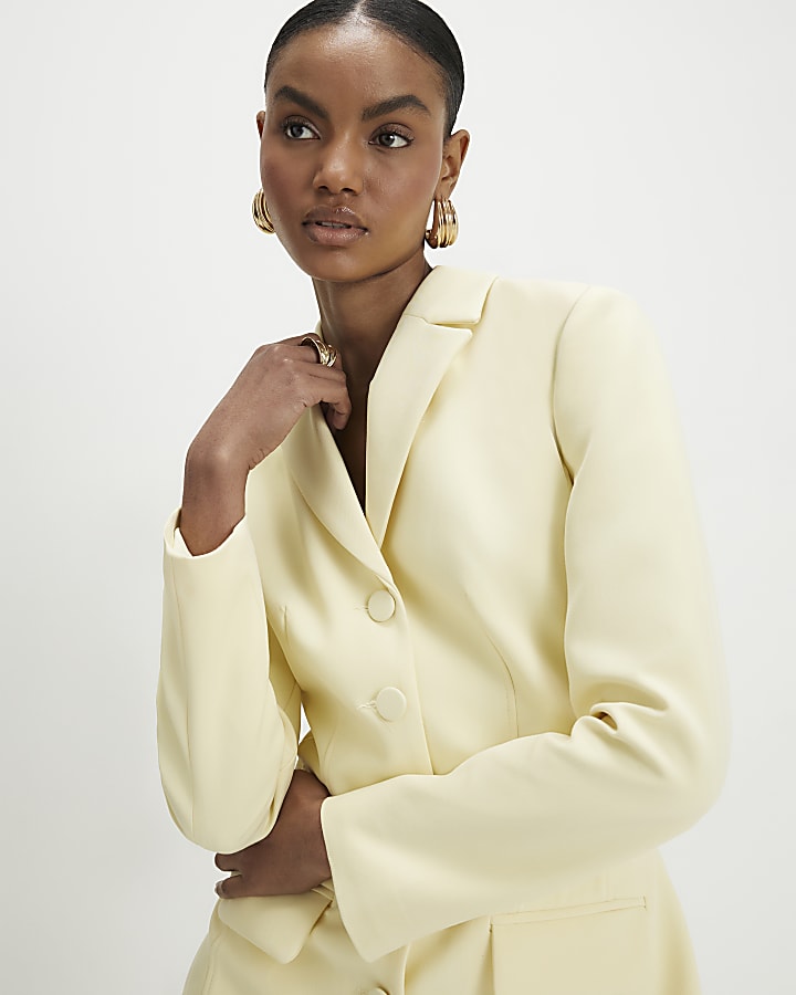 Yellow Long Sleeve Lace Trim Blazer Dress