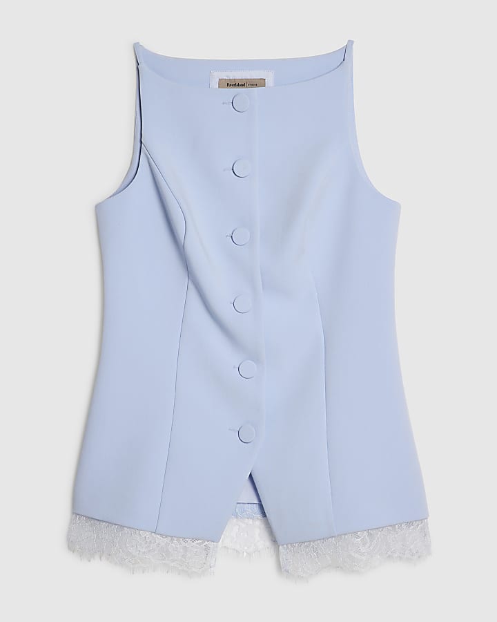 Blue Lace Trim High Neck Waistcoat