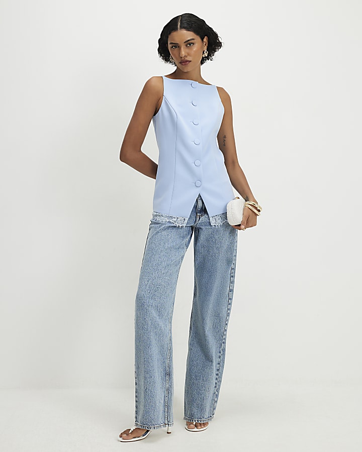 Blue Lace Trim High Neck Waistcoat