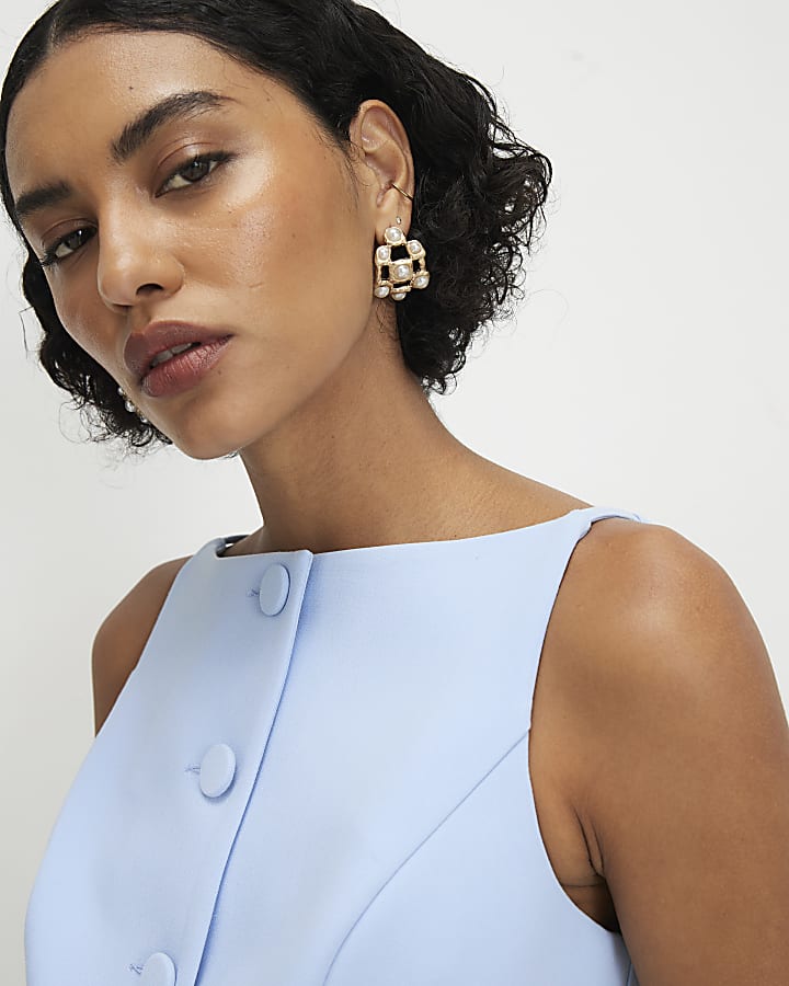 Blue Lace Trim High Neck Waistcoat