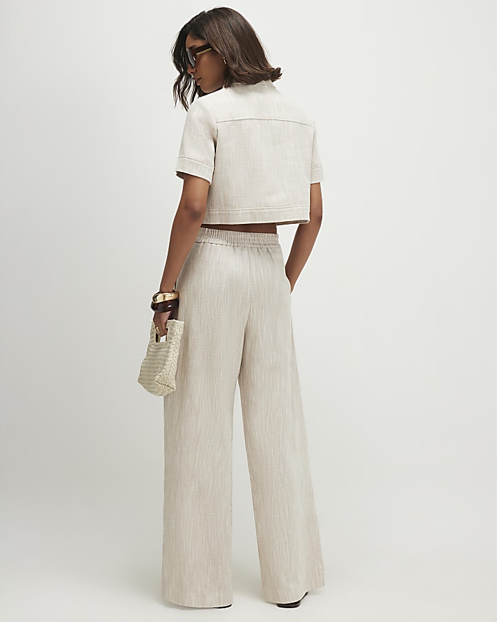 Beige Cotton Wide Leg Trousers