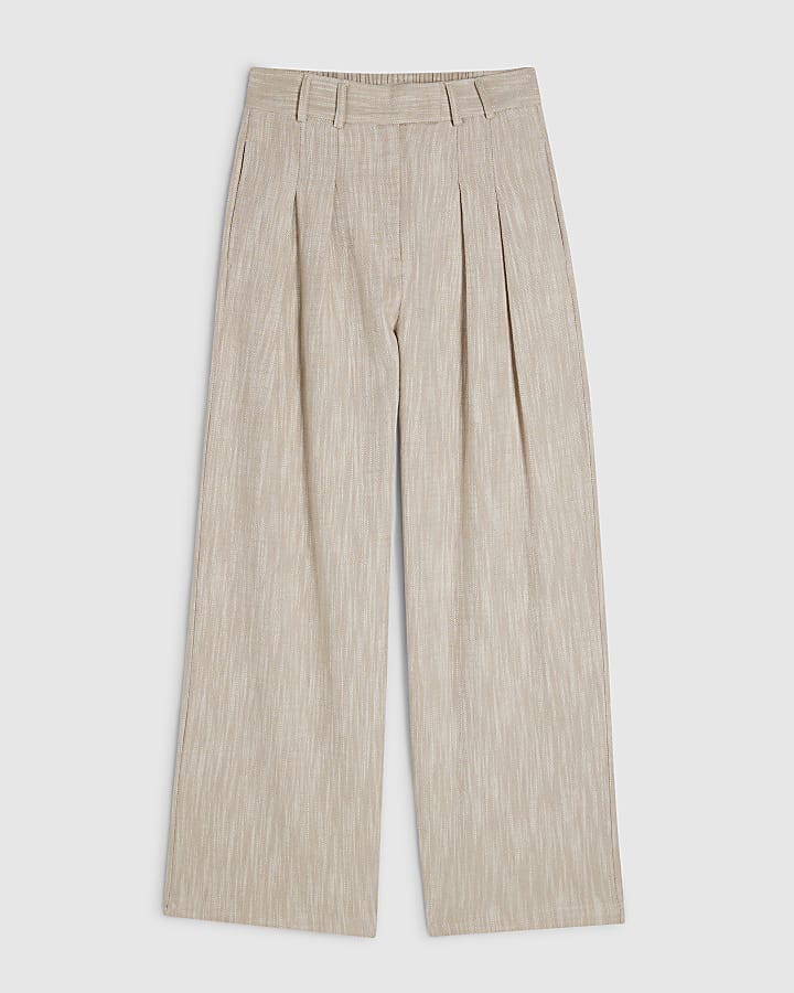 Beige Cotton Wide Leg Trousers