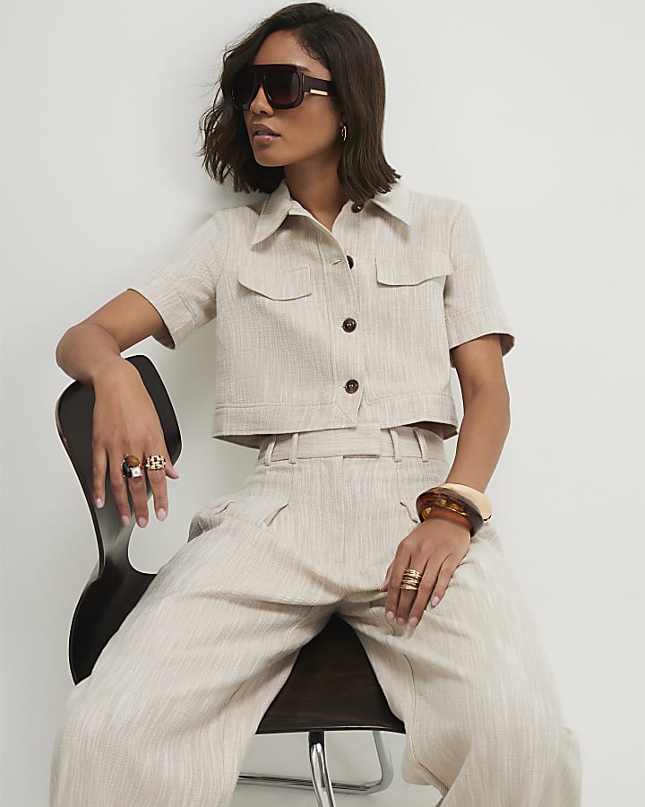 Beige Cotton Wide Leg Trousers