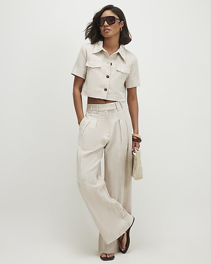 Beige Cotton Wide Leg Trousers