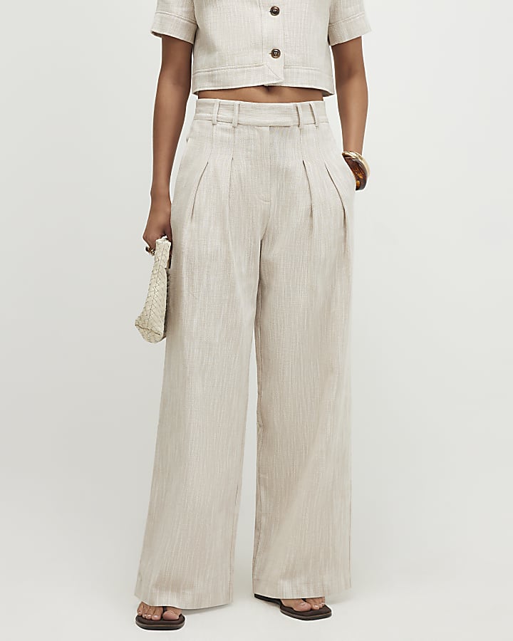 Beige Cotton Wide Leg Trousers